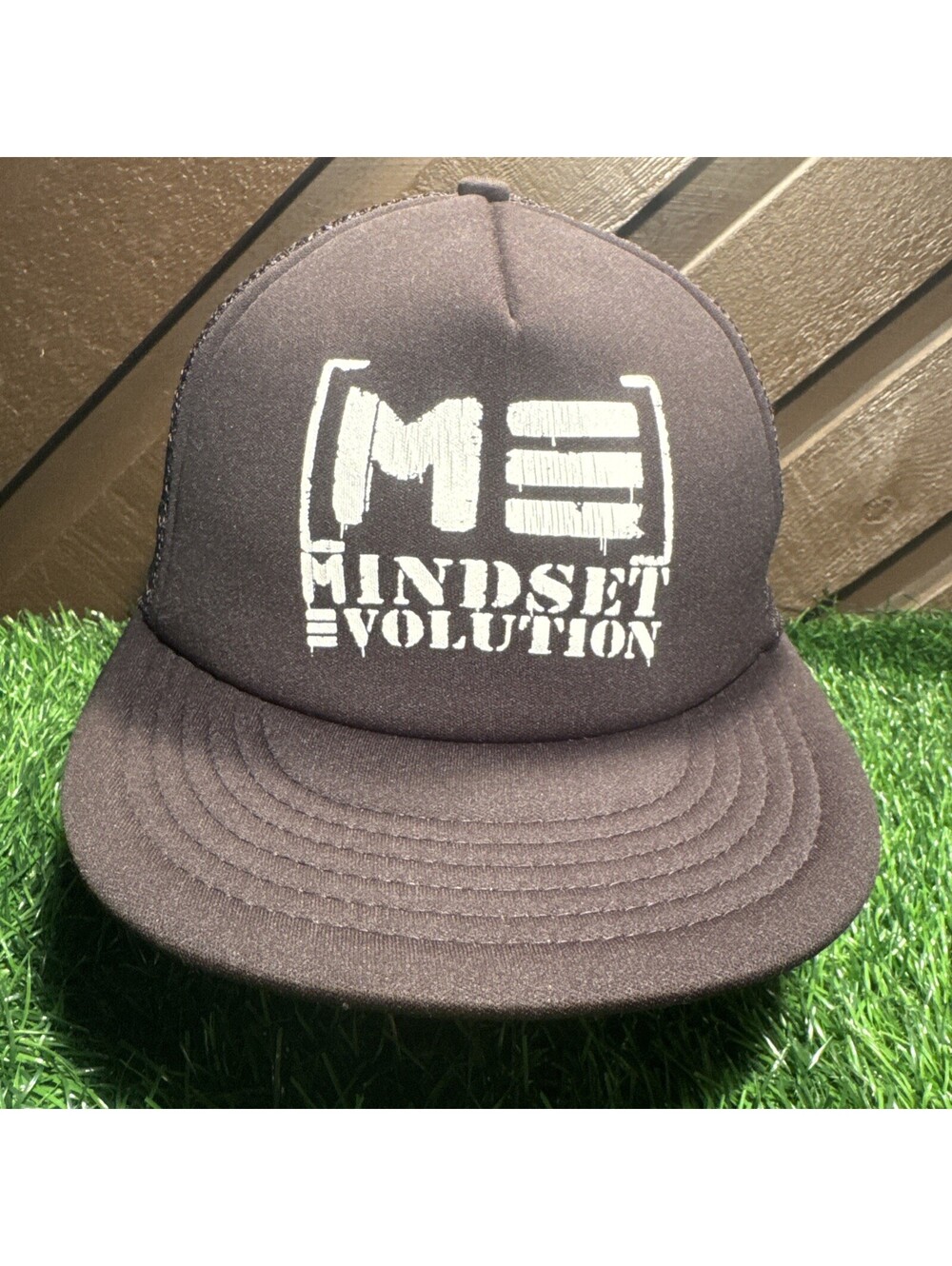 Mindset Evolution ME Rock Band Trucker Hat Distressed Stencil Logo District Cap